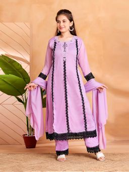 Aarika - Girls Purple Hand Embroidery Lace Work Kurta with Pant & Dupatta