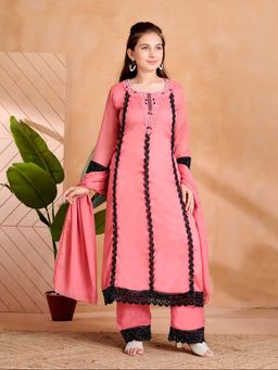 Aarika - Girls Peach Hand Embroidery Lace Work Kurta with Pant & Dupatta