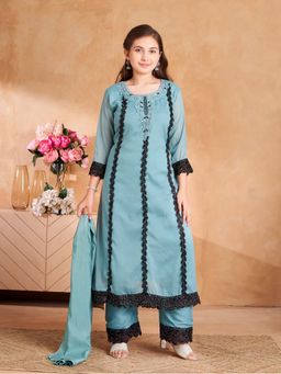 Aarika - Girls Turquoise Hand Embroidery Lace Work Kurta with Pant & Dupatta