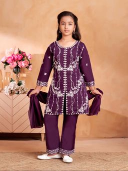 Aarika - Girls Purple Thread Embroidery Kurta with Pant & Dupatta