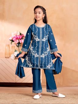 Aarika - Girls Teal Thread Embroidery Kurta with Pant & Dupatta