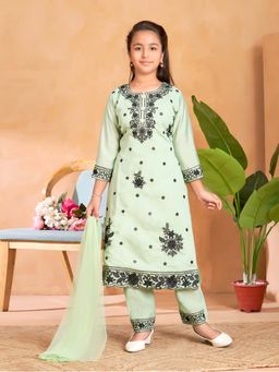 Aarika - Girls Green Thread Sequin Embroidery Kurta with Pant & Dupatta
