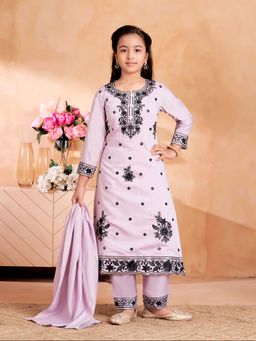 Aarika - Girls Purple Thread Sequin Embroidery Kurta with Pant & Dupatta
