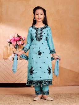 Aarika - Girls Turquoise Thread Sequin Embroidery Kurta with Pant & Dupatta