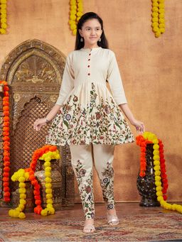 Aarika - Girls Cream Floral Print Cotton Kurti with Pant