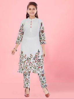 Aarika - Girls White Floral Cotton Printed Kurta with Pant
