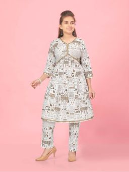 Aarika - Girls White-Red Printed Cotton Kurta with Pant