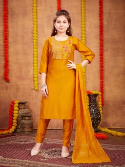Aarika - Girls Mustard Zari Thread Embroidery Silk Kurta with Pant & Dupatta
