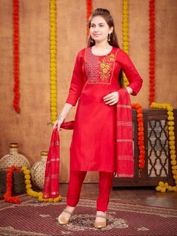 Aarika - Girls Red Zari Thread Embroidery Silk Kurta with Pant & Dupatta