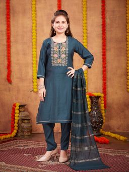 Aarika - Girls Teal Zari Thread Embroidery Silk Kurta with Pant & Dupatta