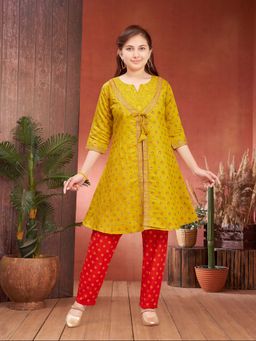 Aarika - Girsl Mustard Foil Print Silk Kurta with Pant