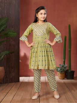 Aarika - Girls Green Printed Gota Lace Rayon Kurta with Pant