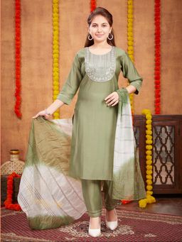 Aarika - Girls Green Sequin Thread Embroidery Silk Kurta with Pant & Dupatta