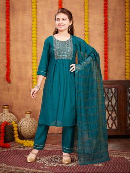 Aarika - Girls Green Sequin Thread Embroidery Silk Kurta with Pant & Dupatta