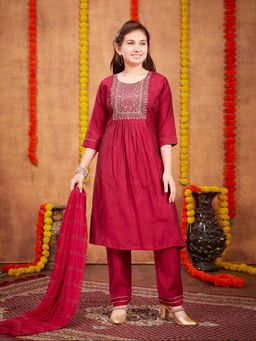 Aarika - Girls Maroon Sequin Thread Embroidery Silk Kurta with Pant & Dupatta