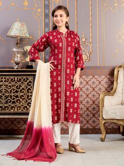 Aarika - Girls Maroon Printed Rayon Kurta with Pant & Dupatta