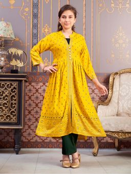 Aarika - Girls Yellow Floral Print Rayon Kurta with Pant