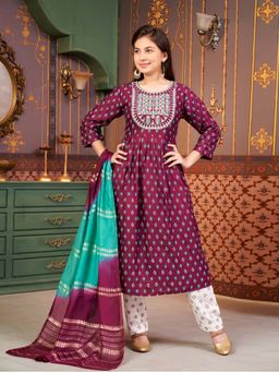 Aarika - Girls Purple Floral Print Rayon Kurta with Pant & Dupatta