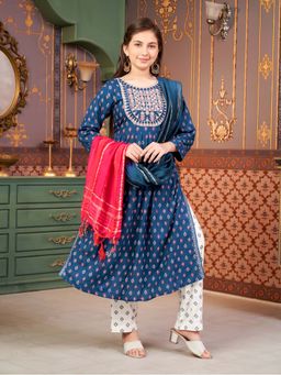Aarika - Girls Teal Floral Print Rayon Kurta with Pant & Dupatta