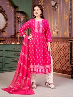 Aarika - Girls Pink Printed Rayon Kurta with Pant & Dupatta