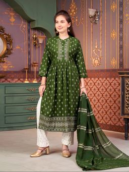 Aarika - Girls Green Foil Print Rayon Kurta with Pant & Dupatta