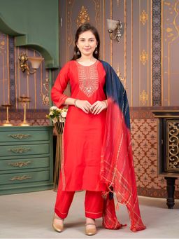 Aarika - Girls Red Sequin Embroidery Silk Kurta with Pant & Dupatta