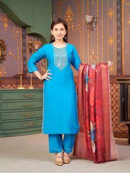 Aarika - Girls Turquoise Sequin Embroidery Silk Kurta with Pant & Dupatta