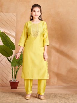 Aarika - Girls Yellow Sequin Embroidery Silk Kurta with Pant