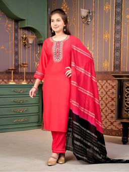 Aarika - Girls Red Sequin Embroidery Silk Kurta with Pant & Dupatta