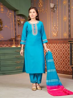 Aarika - Girls Turquoise Sequin Embroidery Silk Kurta with Pant & Dupatta