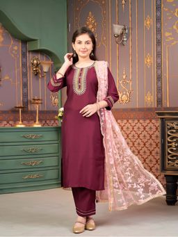 Aarika - Girls WineSequin Embroidery Silk Kurta with Pant & Dupatta