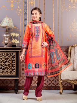 Aarika - Girls Orange Printed Satin Kurta with Pant & Dupatta