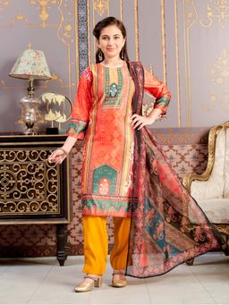 Aarika - Girls Orange Printed Satin Kurta with Pant & Dupatta
