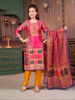 Aarika - Girls Pink Printed Satin Kurta with Pant & Dupatta
