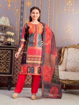 Aarika - Girls Multi-Color Printed Satin Kurta with Pant & Dupatta