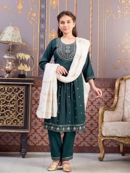 Aarika - Girls Dark Green Sequin Embroidery Cotton Kurta with Pant & Dupatta
