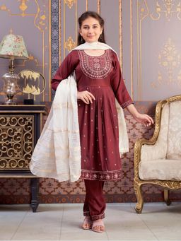 Aarika - Girls Maroon Sequin Embroidery Cotton Kurta with Pant & Dupatta