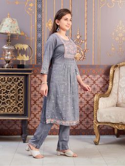 Aarika - Girls Grey Embroidery Cotton Kurta with Pant