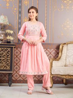 Aarika - Girls Peach Embroidery Cotton Kurta with Pant