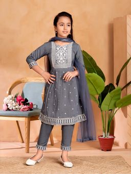 Aarika - Girls Grey Thread Embroidery Kurta with Pant & Dupatta