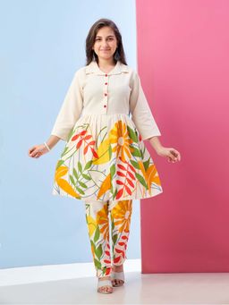 Aarika - Girls White Floral Print Khadi Cotton Kurti with Pant