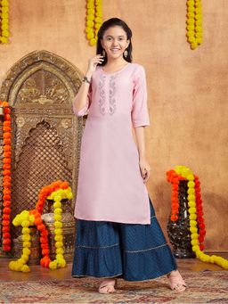 Aarika - Girls Pink Embellished Cotton Kurta