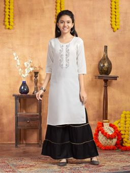 Aarika - Girls White Embellished Cotton Kurta