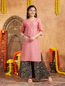 Aarika - Girls Peach Embellished Cotton Kurta