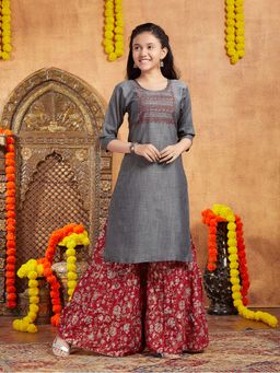 Aarika - Girls Grey Tribal Embroidered Cotton Kurta