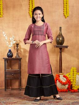 Aarika - Girls Pink Tribal Embroidered Cotton Kurta