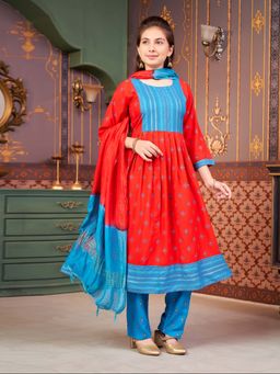 Aarika - Girls Red Ethnic Foil Print Rayon Kurta