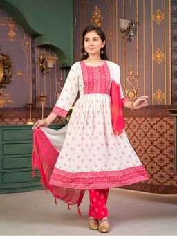 Aarika - Girls Off White Ethnic Foil Print Rayon Kurta