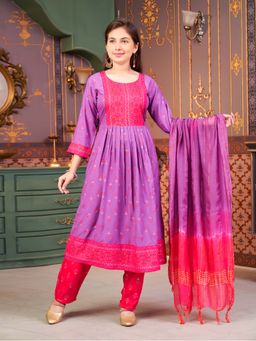 Aarika - Girls Purple Ethnic Foil Print Rayon Kurta