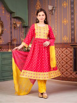 Aarika - Girls Red Ethnic Foil Print Rayon Kurta